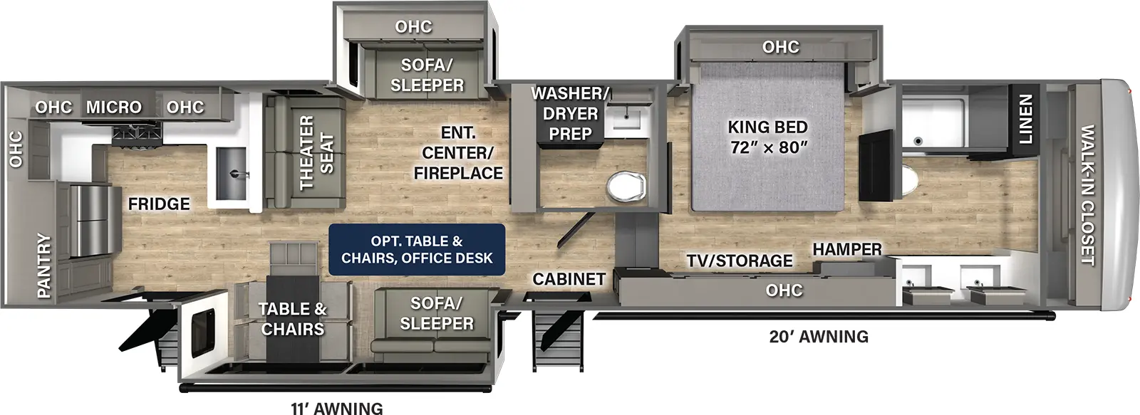 The Columbus 384RKH has two entries and three slide outs. Exterior features include: fiberglass exterior and 11' & 20' awning. Interiors features include: rear kitchen, free-standing dinette option and bathroom and a half.